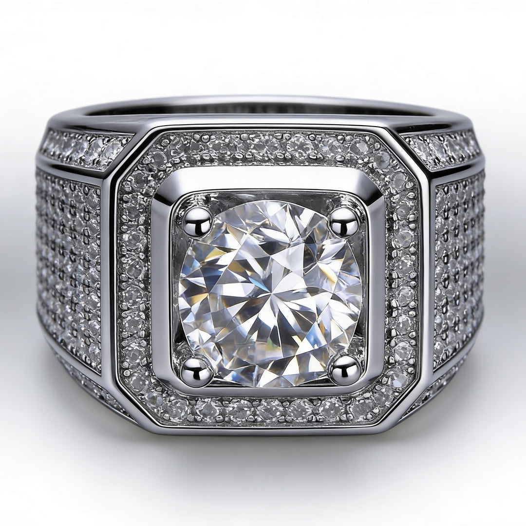Heavy Square Halo Main Stone Men Ring, European Wide Full Paved Diamond Business Statement Band for Men