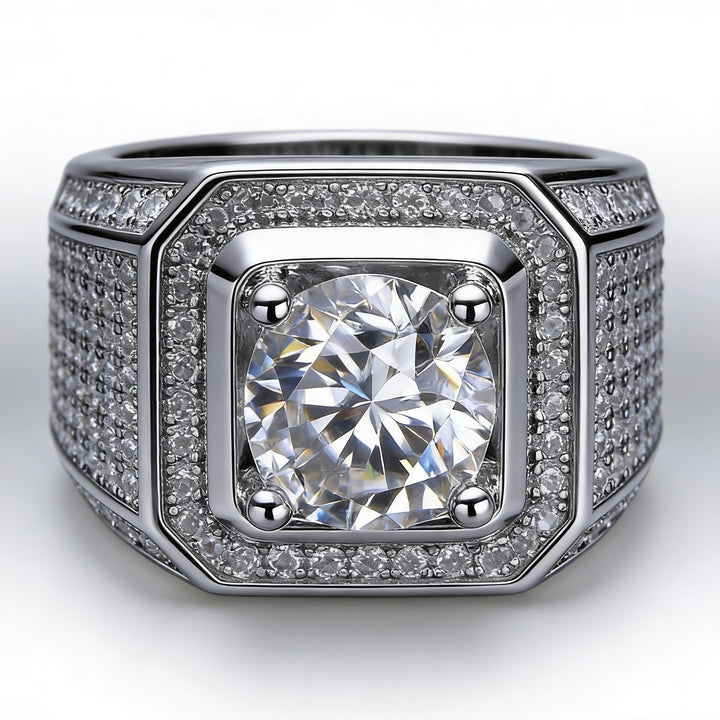 Heavy Square Halo Main Stone Men Ring, European Wide Full Paved Diamond Business Statement Band for Men