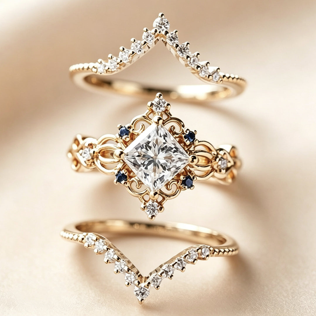 Vintage Filigree Princess Cut Sapphire 3-Piece Ring Set, Solid S925 Silver Gold Tone Bridal Stackable Jewelry Set