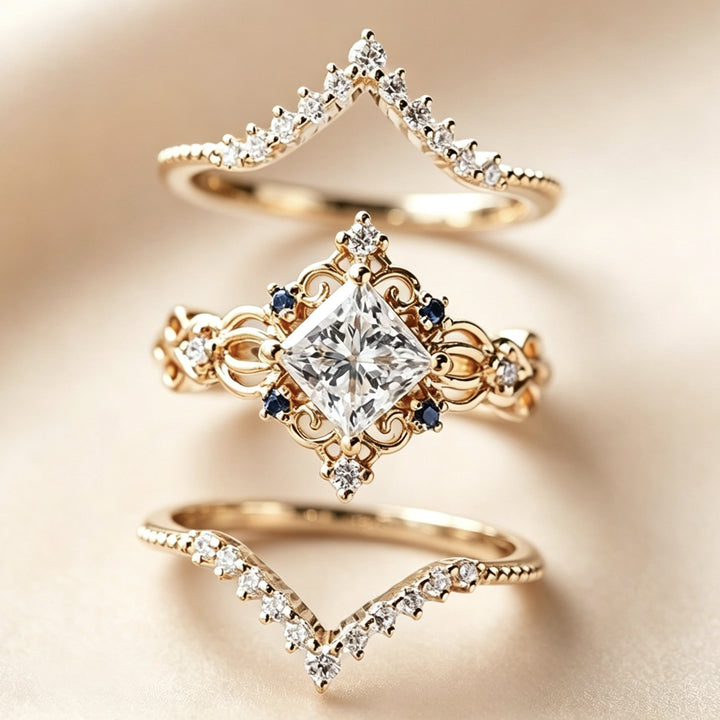 Vintage Filigree Princess Cut Sapphire 3-Piece Ring Set, Solid S925 Silver Gold Tone Bridal Stackable Jewelry Set