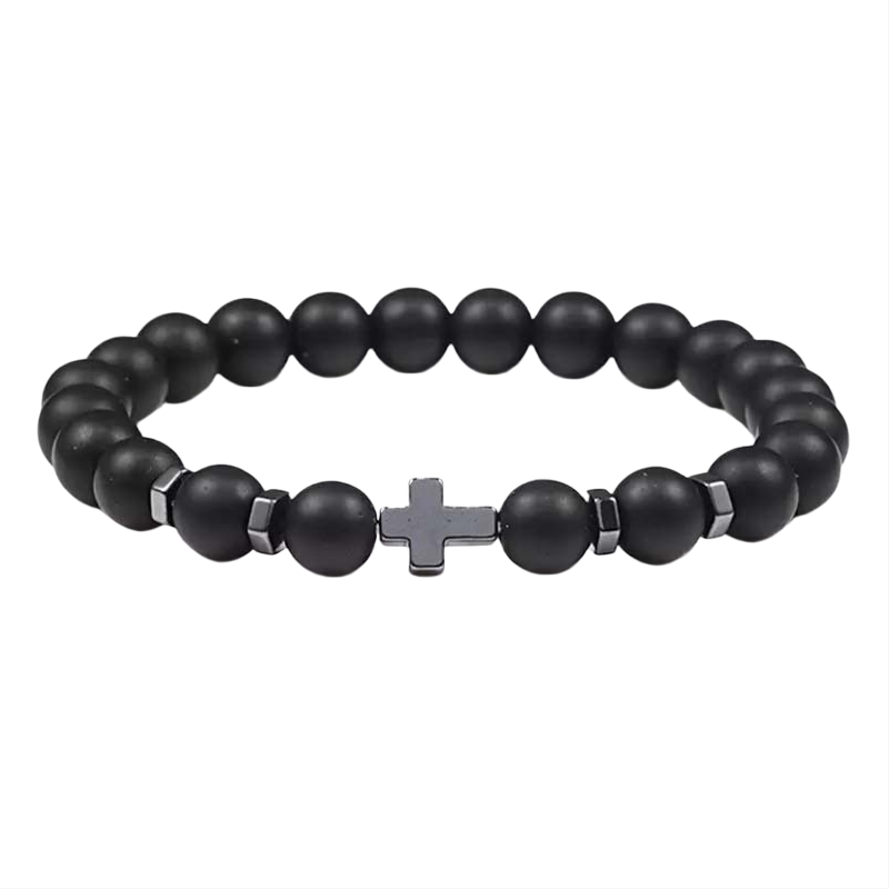 Matte Black Agate Cross Jewelry Set (Bracelet + Necklace)