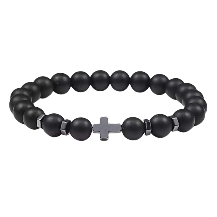 Matte Black Agate Cross Jewelry Set (Bracelet + Necklace)