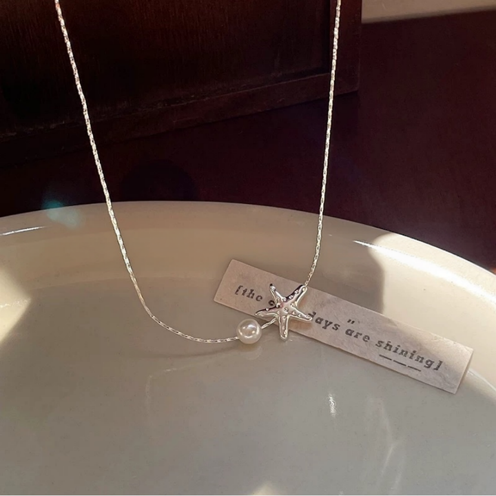 Starfish Pearl S925 Silver Necklace, Minimalist Ocean Style Starfish Pendant Choker, Fresh Versatile Ladies Necklace