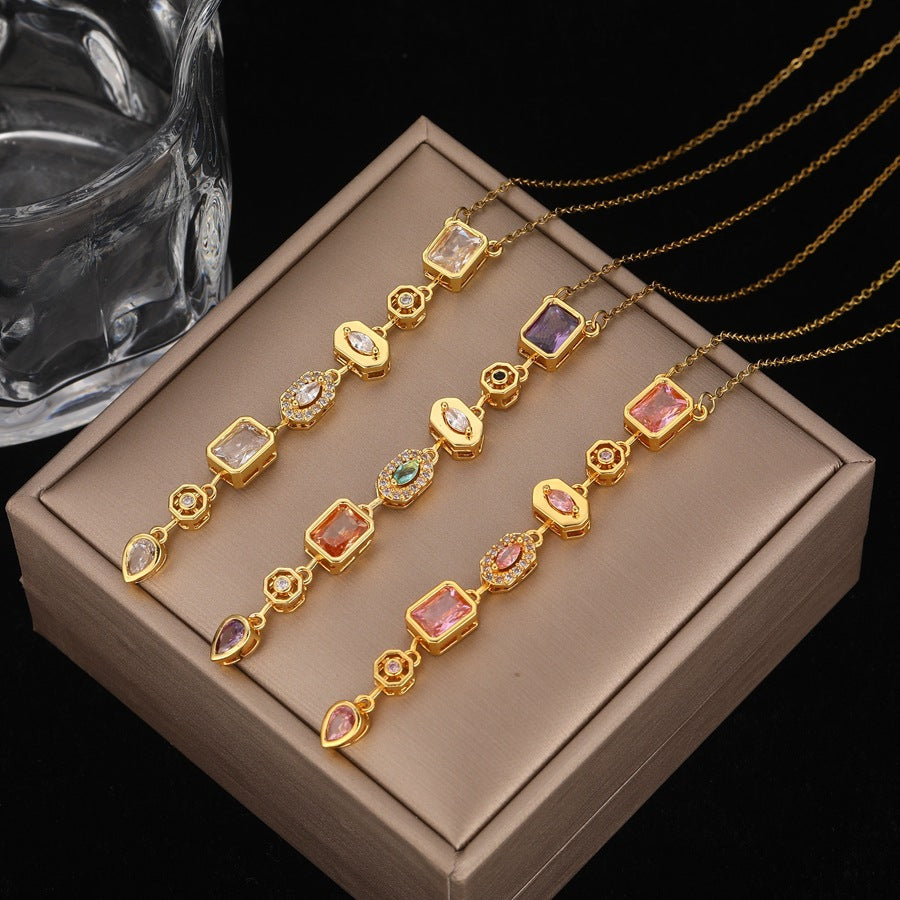 Multi-Color Diamond Drop Y-Shaped Adjustable Necklace (Delicate Pendant)
