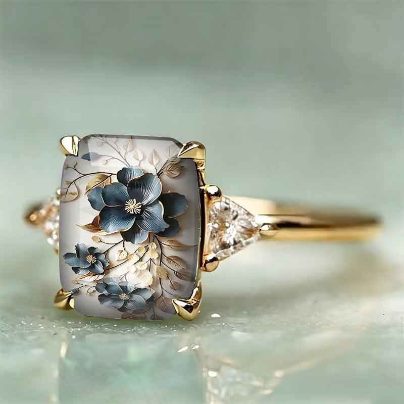 Vintage Blue Floral Relief Rectangle Resin Stone Ring, Solid S925 Silver Gold & Silver Two-Tone Artistic Botanical Band