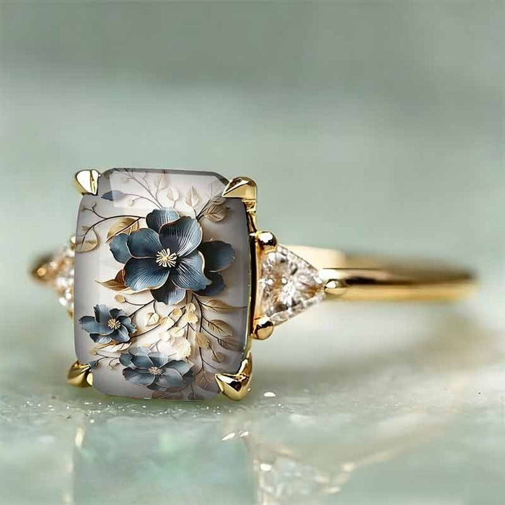 Vintage Blue Floral Relief Rectangle Resin Stone Ring, Solid S925 Silver Gold & Silver Two-Tone Artistic Botanical Band