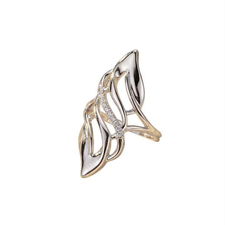 Open S925 Silver Ring With Hollow‑Out Leaf & Paved Diamonds, Luxury Leaf‑Shaped Band, Gold / Silver / Rose‑Gold Three‑Tone