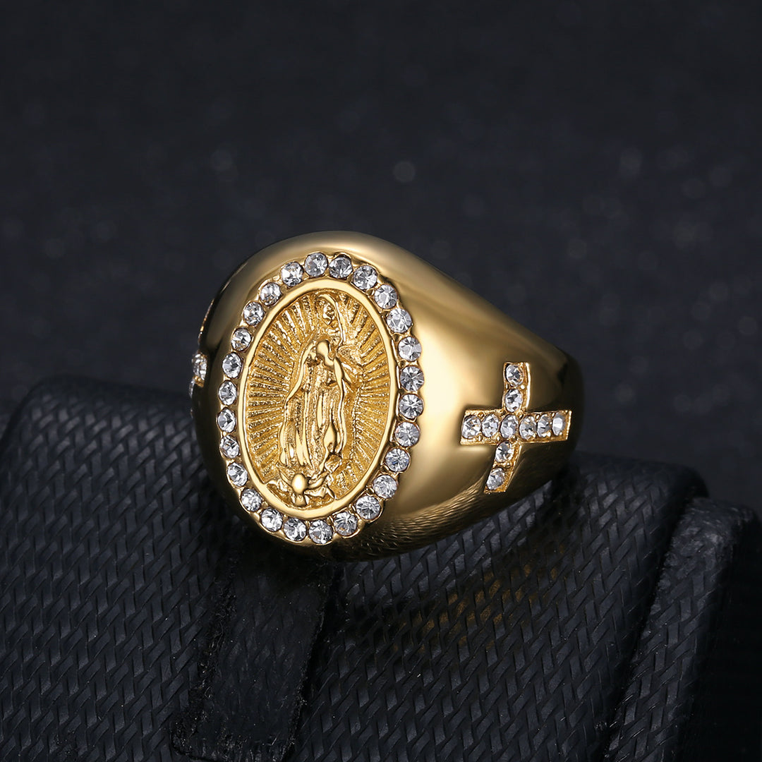 Our Lady of Guadalupe Diamond Oval Signet Ring, S925 Silver Gold & Silver Tone Catholic Prayer Wide Band