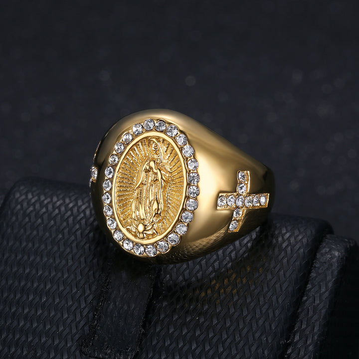 Our Lady of Guadalupe Diamond Oval Signet Ring, S925 Silver Gold & Silver Tone Catholic Prayer Wide Band