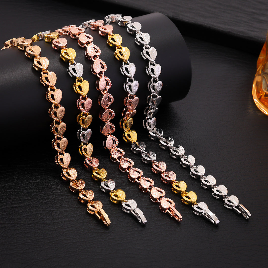 Textured Heart Link Bracelet, 3 Colors Hollow Love Chain for Women