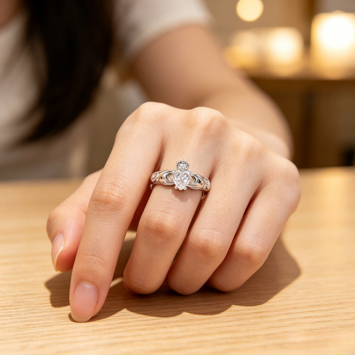 Claddagh Heart & Crown Diamond Ring (3 Colors Delicate Statement Band)