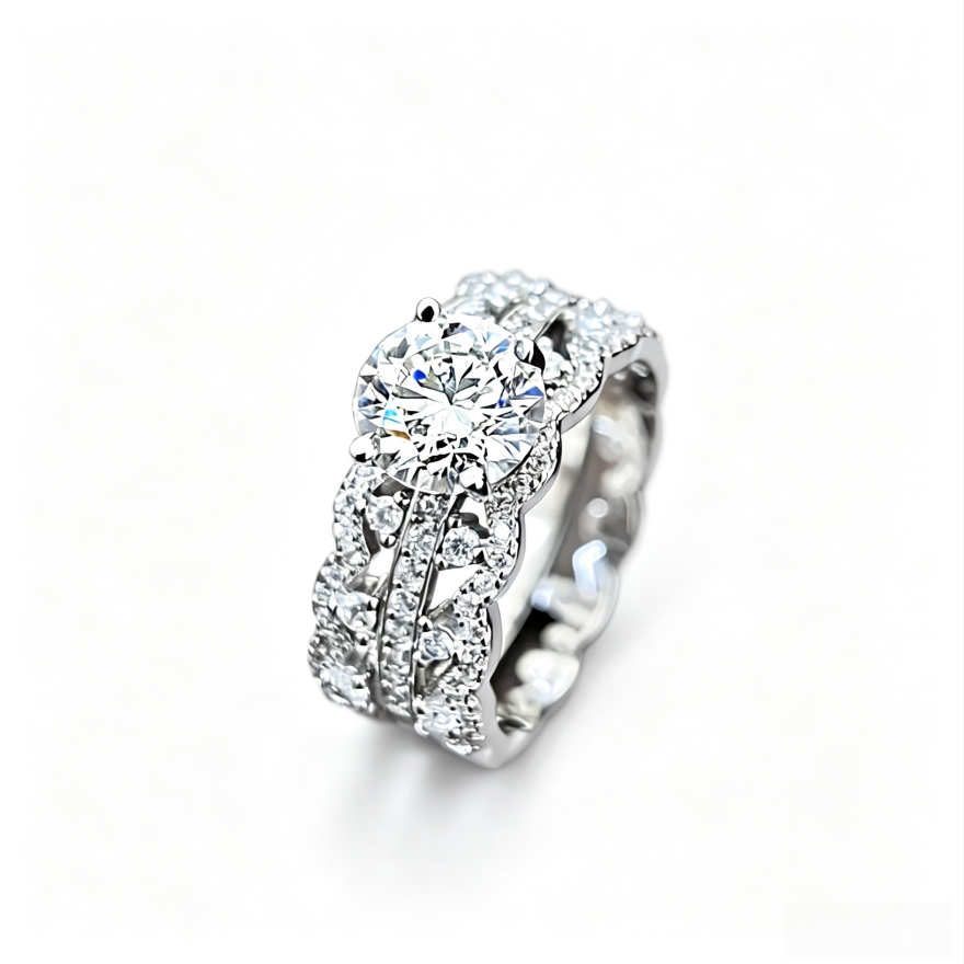 Silver‑Tone Wave Full‑Pavé Stackable Ring Set