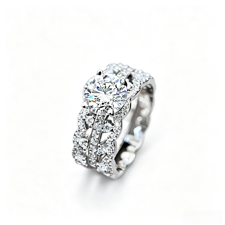 Silver‑Tone Wave Full‑Pavé Stackable Ring Set