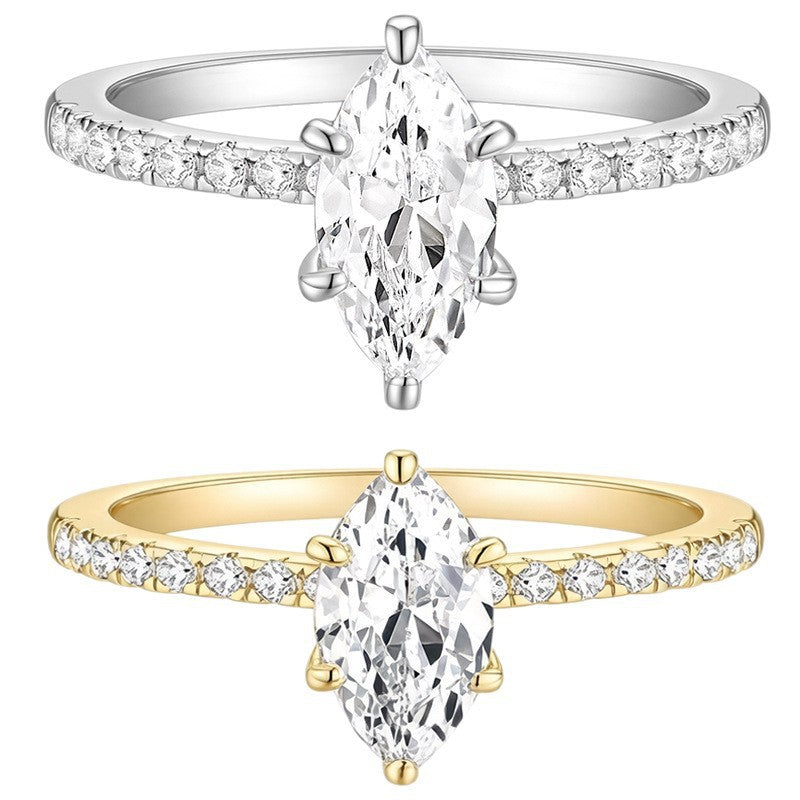 Marquise Cut Six-Prong Paved Thin Shank Ring, Gold & Silver Elegant Engagement Band for Women