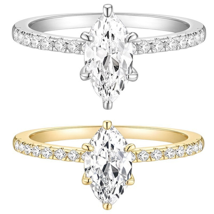 Marquise Cut Six-Prong Paved Thin Shank Ring, Gold & Silver Elegant Engagement Band for Women