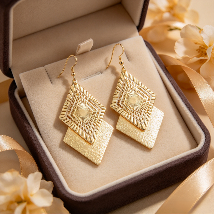 Double Layer Diamond Geometric Engraved Drop Earrings