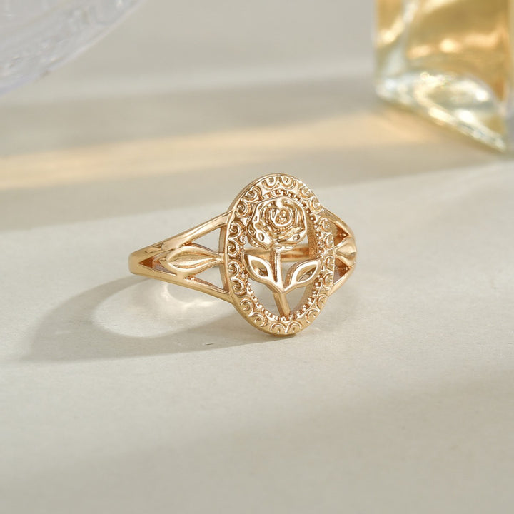Vintage Embossed Oval Rose Openwork Ring, French Court Style Gold Floral Band