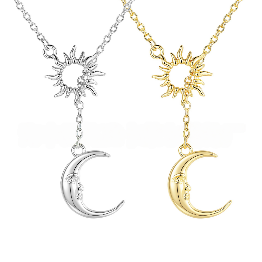 Vintage Sun & Moon Face Split Collarbone Necklace, S925 Silver Sun Crescent Face Pendant Chain, Gold & Silver Two-Tone Niche Jewelry
