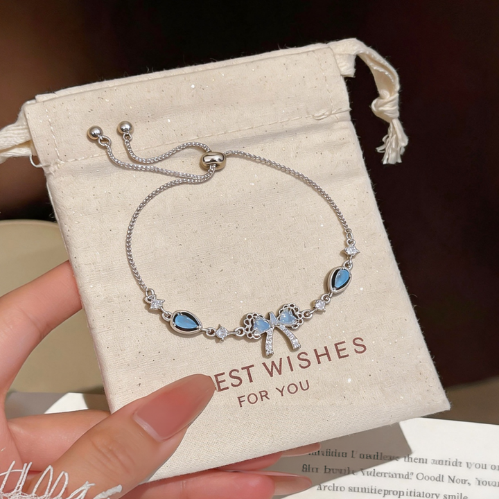 S925 Silver Blue Diamond Bow Slider Bracelet, Sweet Style Adjustable Bracelet with Teardrop Diamonds