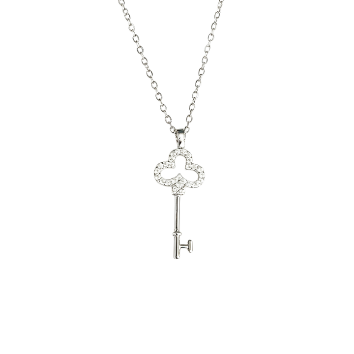 Clover Hollow Pave Diamond Key Collarbone Necklace, 2 Colors Gold & Silver Luxury Niche Guardian Jewelry