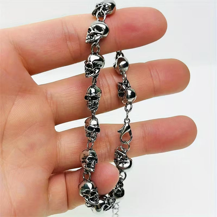 S925 Silver Clasp Vintage Skull Linked Bracelet, Gothic Dark Style Unisex Wrist Jewelry, Silver / Black Gun Two Tones