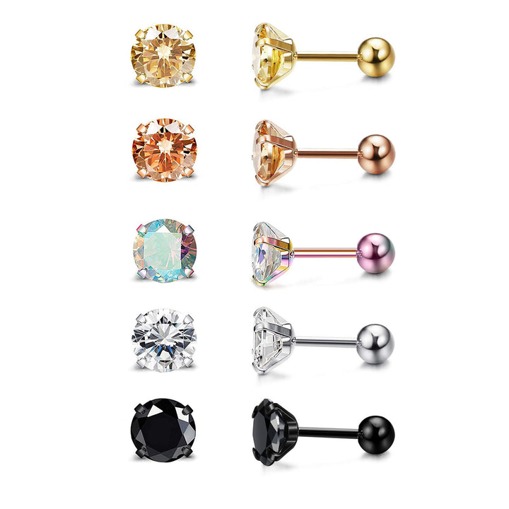4-Prong Round Diamond Threaded Stud Earrings, Multi-color S925 Silver Cartilage Piercing Jewelry