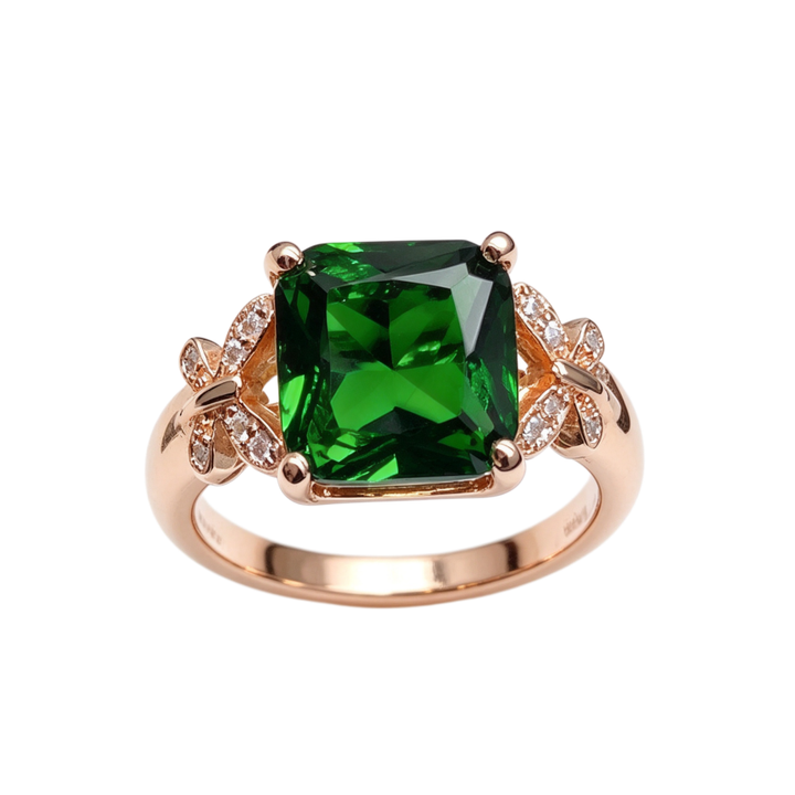 Square Green Main‑Diamond Butterfly Accent Rose‑Gold Ring