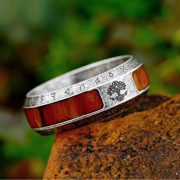 Norse Viking Tree of Life Rune Wood Inlay Ring, S925 Silver Antiqued Multi-Color Unisex Couple Band