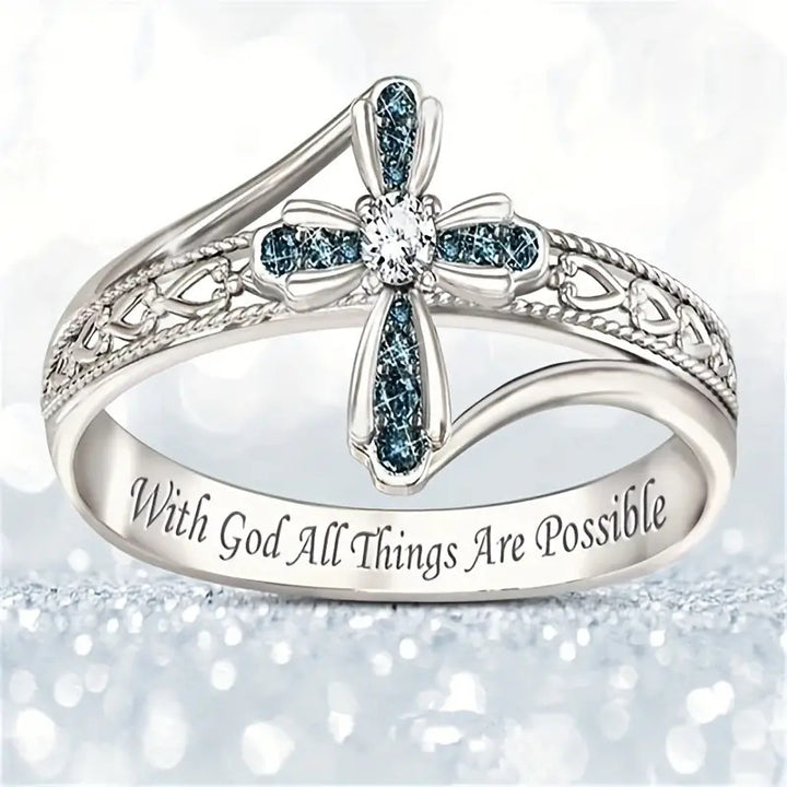 Blue‑White Diamond Cross Engraved Women's Ring