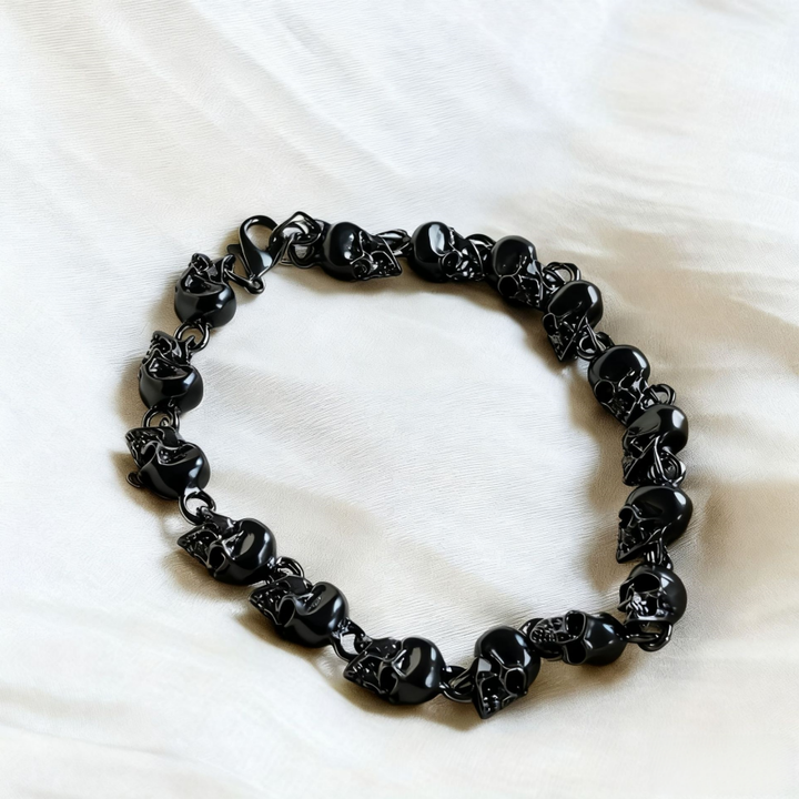 S925 Silver Clasp Vintage Skull Linked Bracelet, Gothic Dark Style Unisex Wrist Jewelry, Silver / Black Gun Two Tones