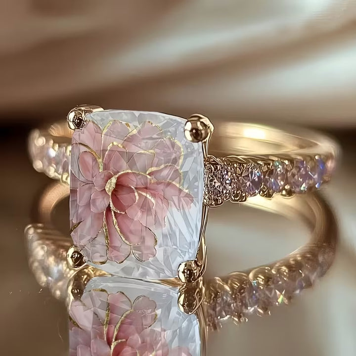 Square Inner‑Carved Pink Flower S925 Silver Gold‑Tone Ring