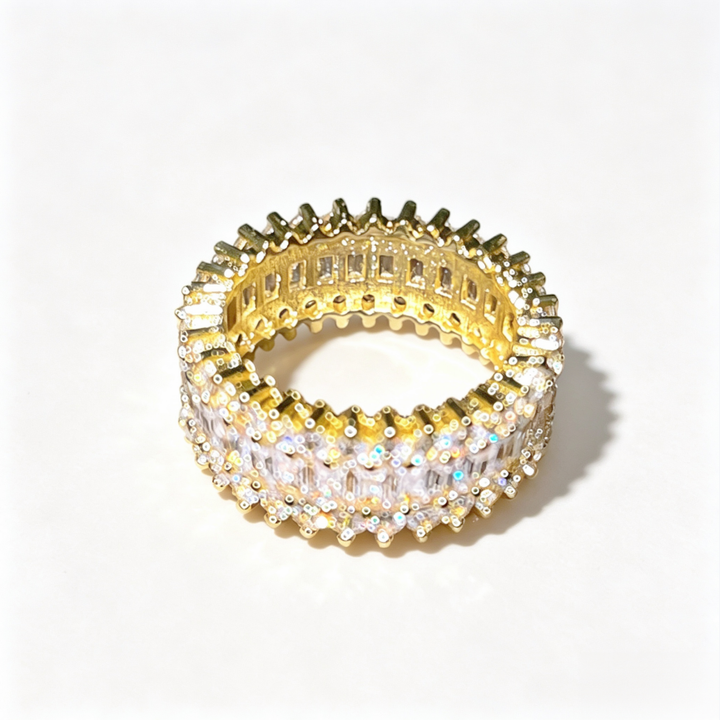 Baguette & Round Stone Full Paved Wide Band Ring, Hip Hop Iced Out Eternity Ring, 3 Colors Available