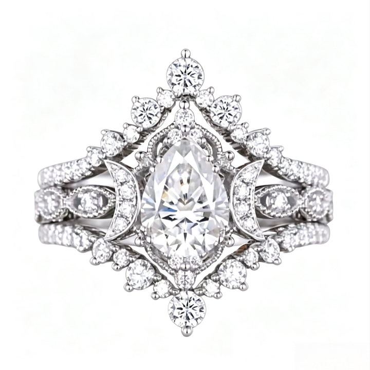 Vintage Moon‑Star Pear‑Cut Multi‑Layer Paved Ring
