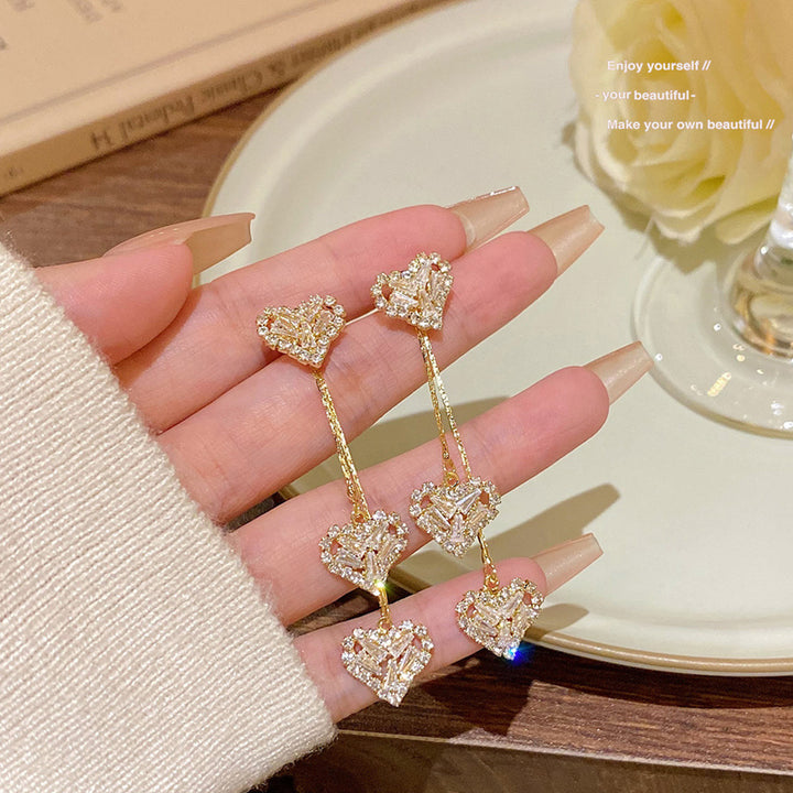 Luxury Hollow Heart Tassel Diamond Drop Earrings (Gold Tone Elegant Long Statement Earrings)