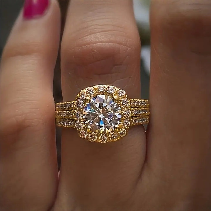 3-Row Pavé Halo Round Cut Engagement Ring (Luxury Proposal Band)