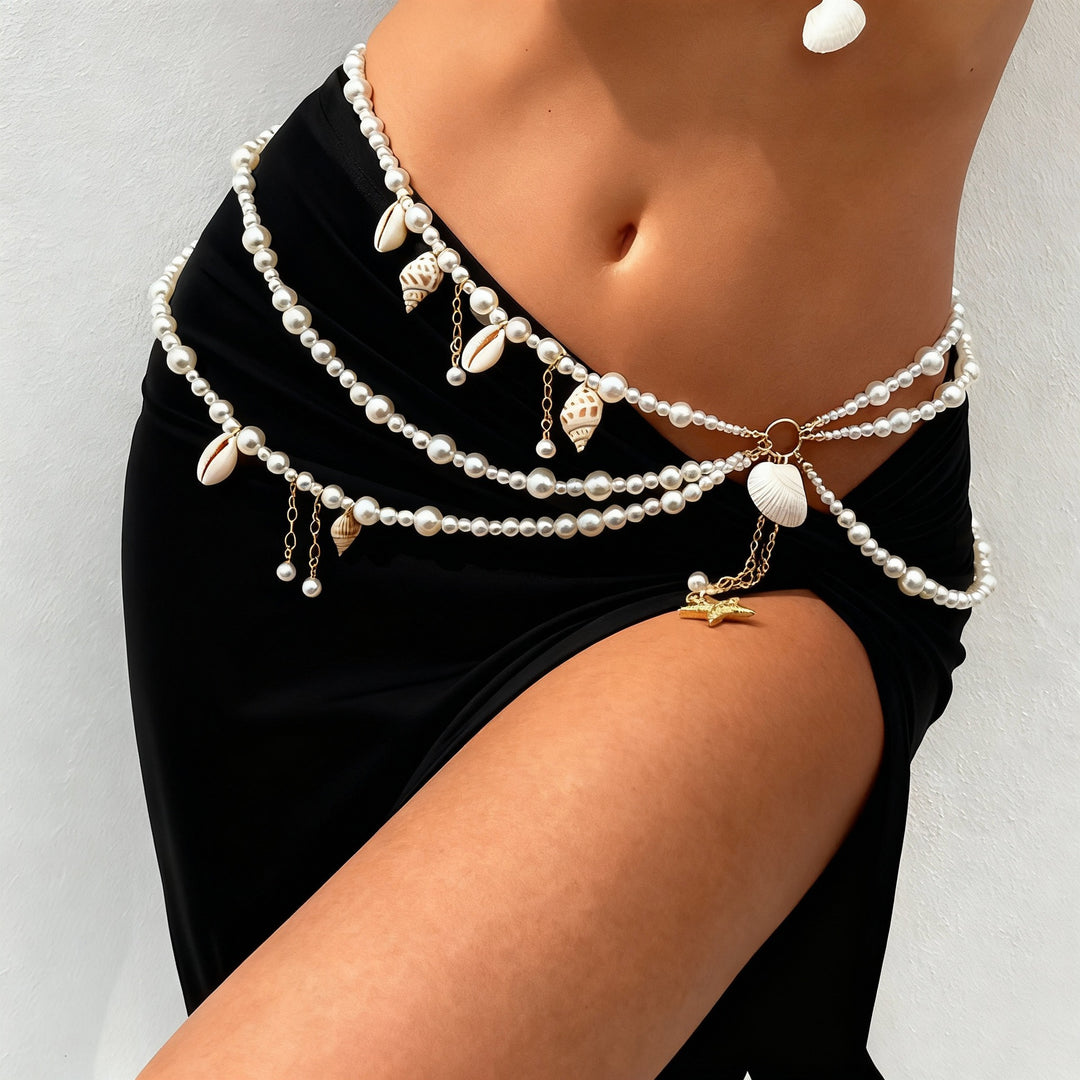 Ocean Themed Multi-Layer Pearl & Shell Waist Chain (Bohemian Beach Belt)