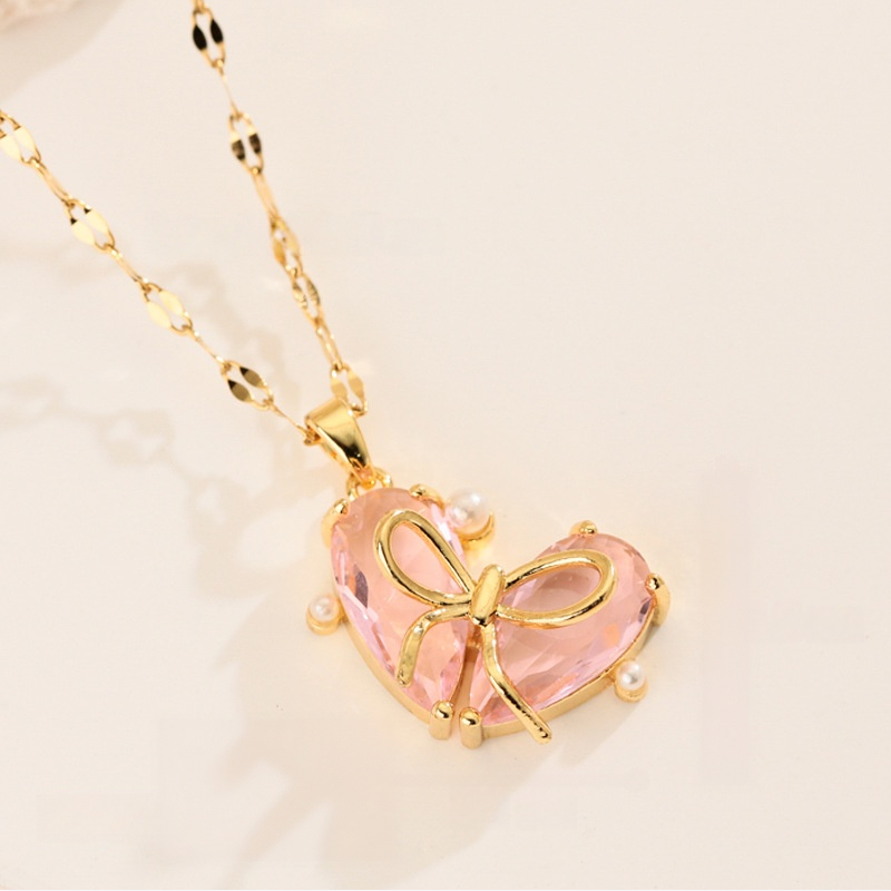 Bow‑Knot Heart Gem Pendant Necklace, 3‑Color Options