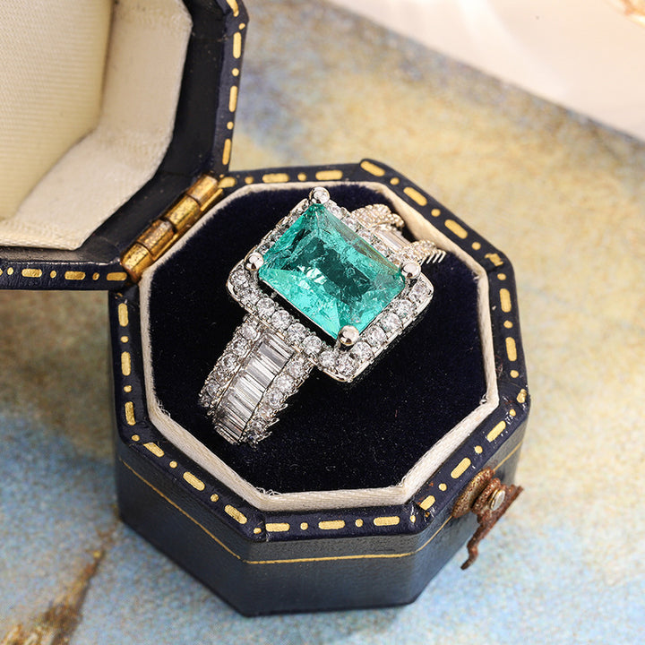 Square Green Gemstone Halo Diamond S925 Silver Ring