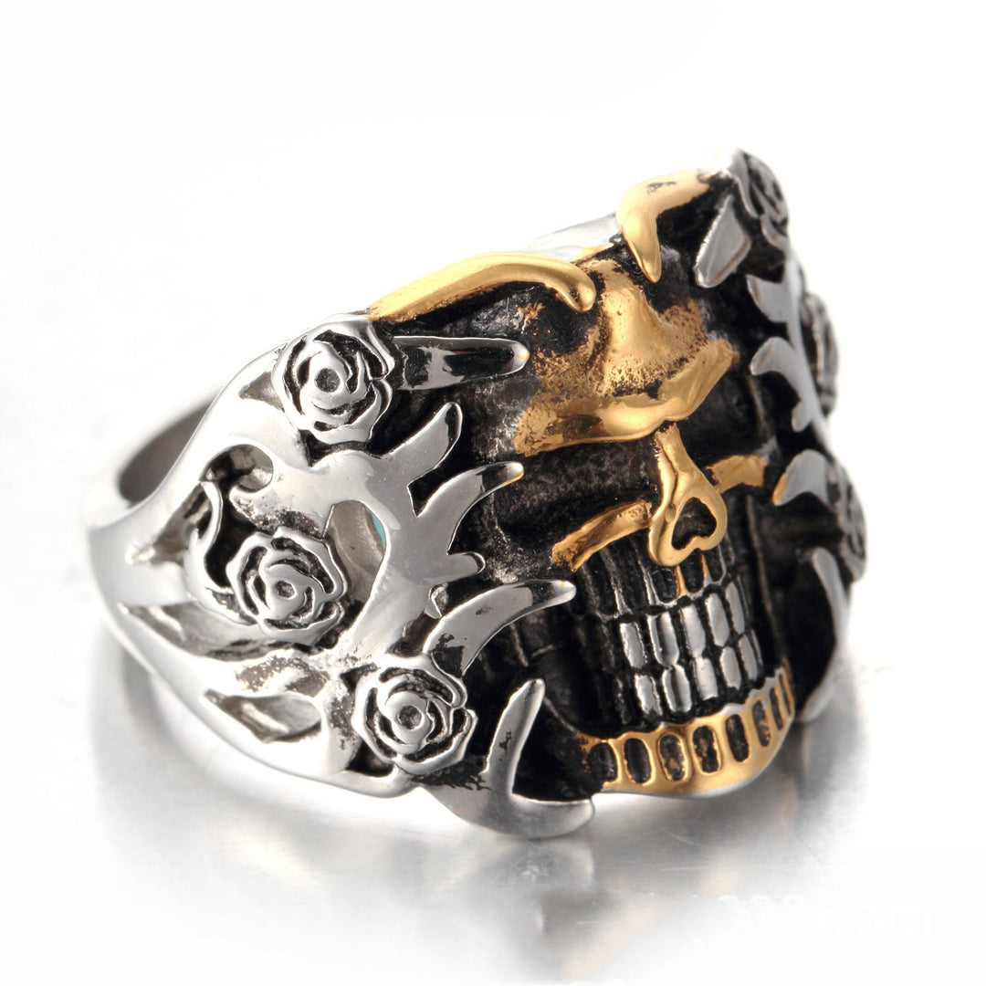 Two-Tone Gold Inlaid Rose Skull Vintage Ring, S925 Silver Antiqued Dark Biker Wide Band For Men