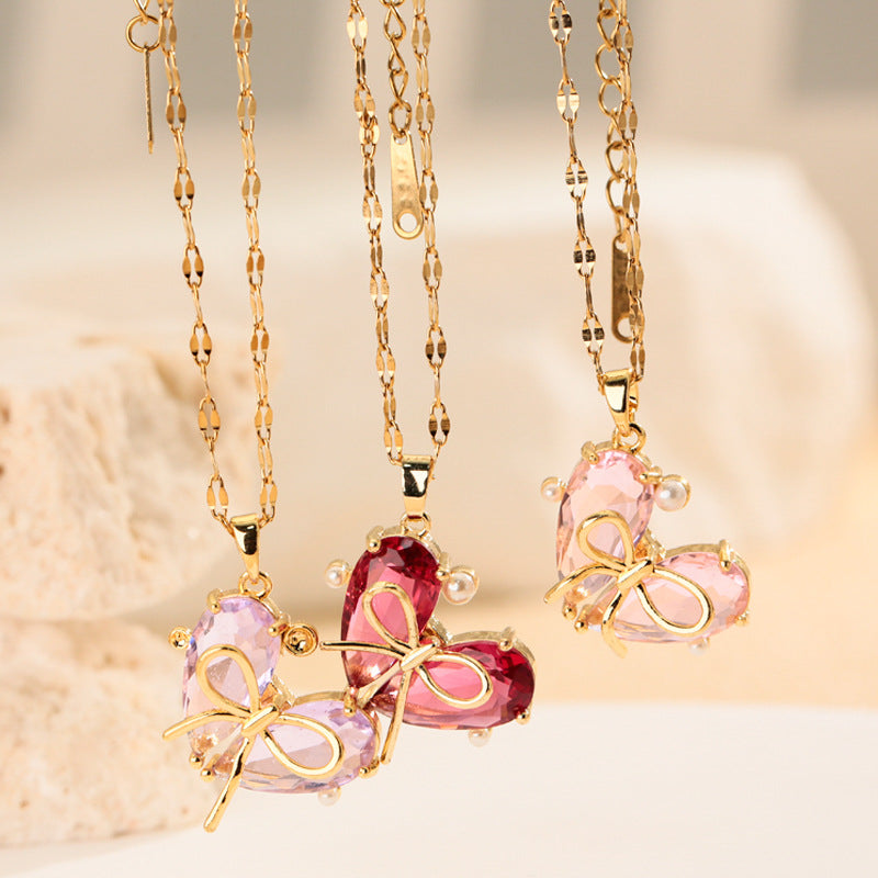 Bow‑Knot Heart Gem Pendant Necklace, 3‑Color Options