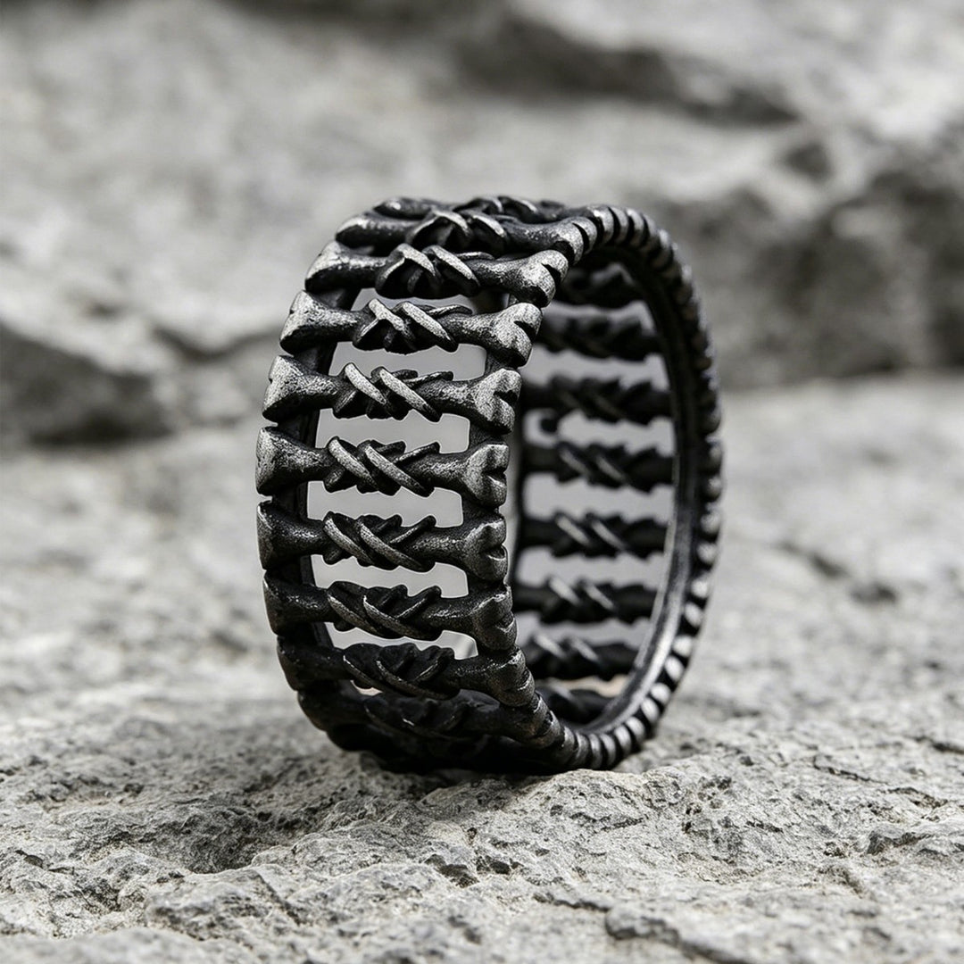 Antiqued Twisted Bone Hollow Wide Ring, S925 Silver Matte Black Dark Punk Unisex Band