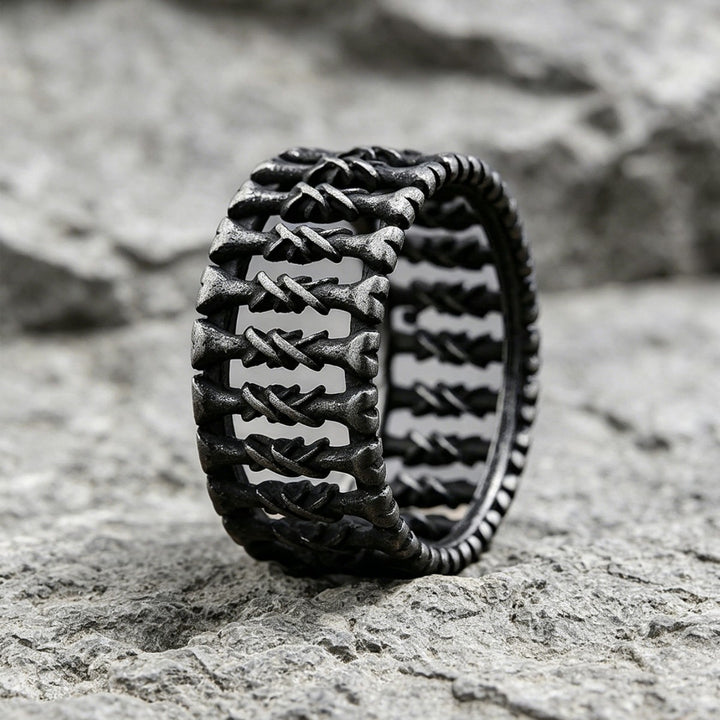 Antiqued Twisted Bone Hollow Wide Ring, S925 Silver Matte Black Dark Punk Unisex Band
