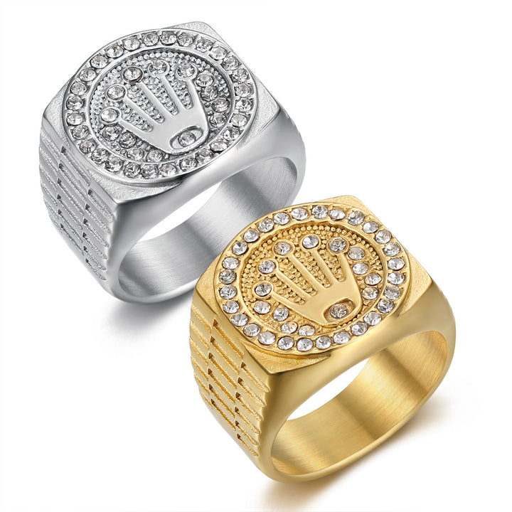 Hamsa Hand Paved Diamnd Vintage Wide Signet Ring, S925 Silver Gold & Silver Two Tone Hip Hop Men’s Band