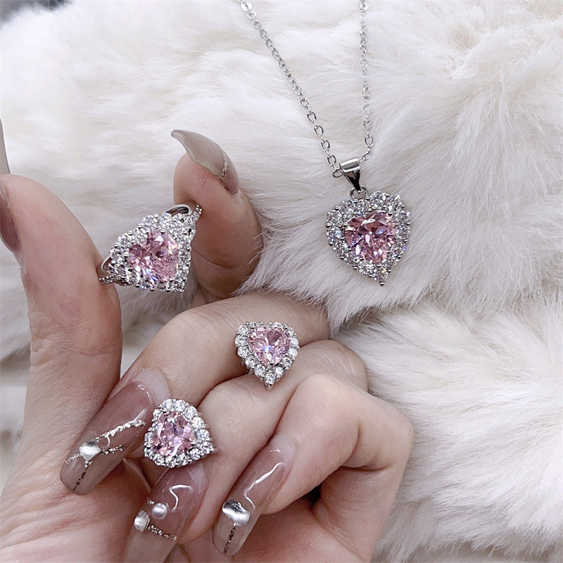 Pink Diamond Heart Halo Jewelry Set (Sweet-Cool Girlish Heart Light Luxury Style)