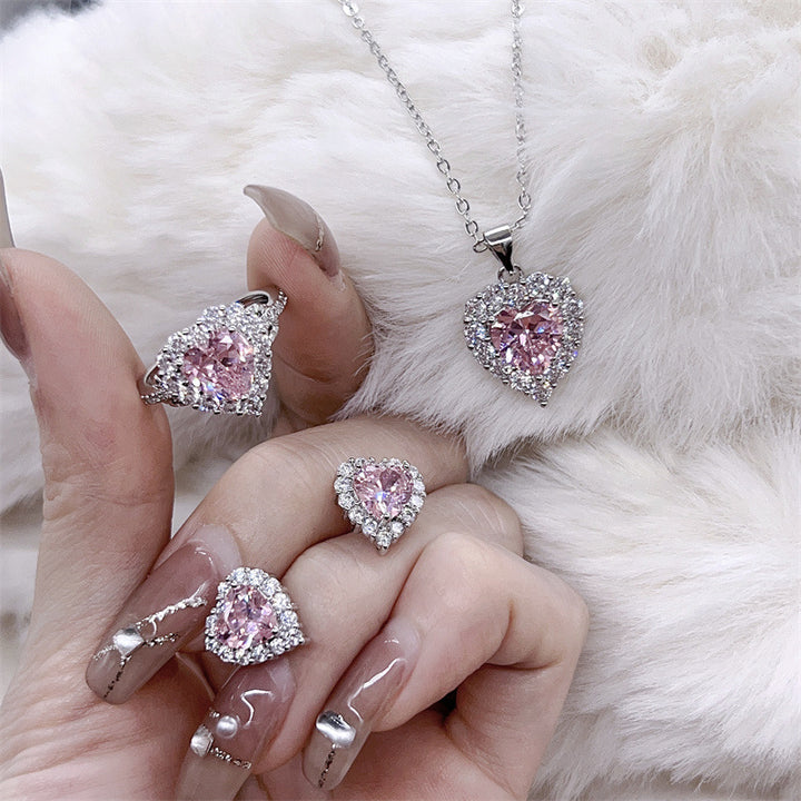 Pink Diamond Heart Halo Jewelry Set (Sweet-Cool Girlish Heart Light Luxury Style)