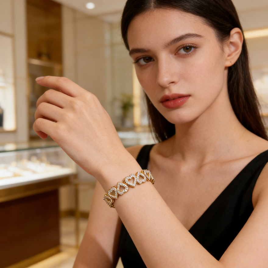 Heart Pavé Tennis Bracelet (3 Tone Delicate Romantic Bangle)