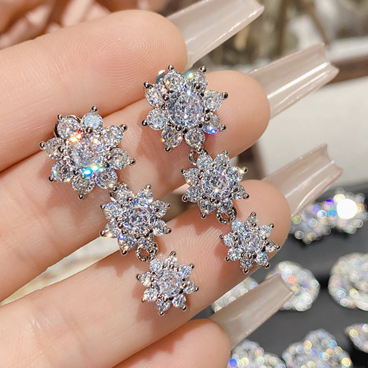 Three-Tier Snowflake Cluster Diamond Long S925 Silver Dangle Earrings, Gorgeous Full Stone Drop Earrings for Banquet