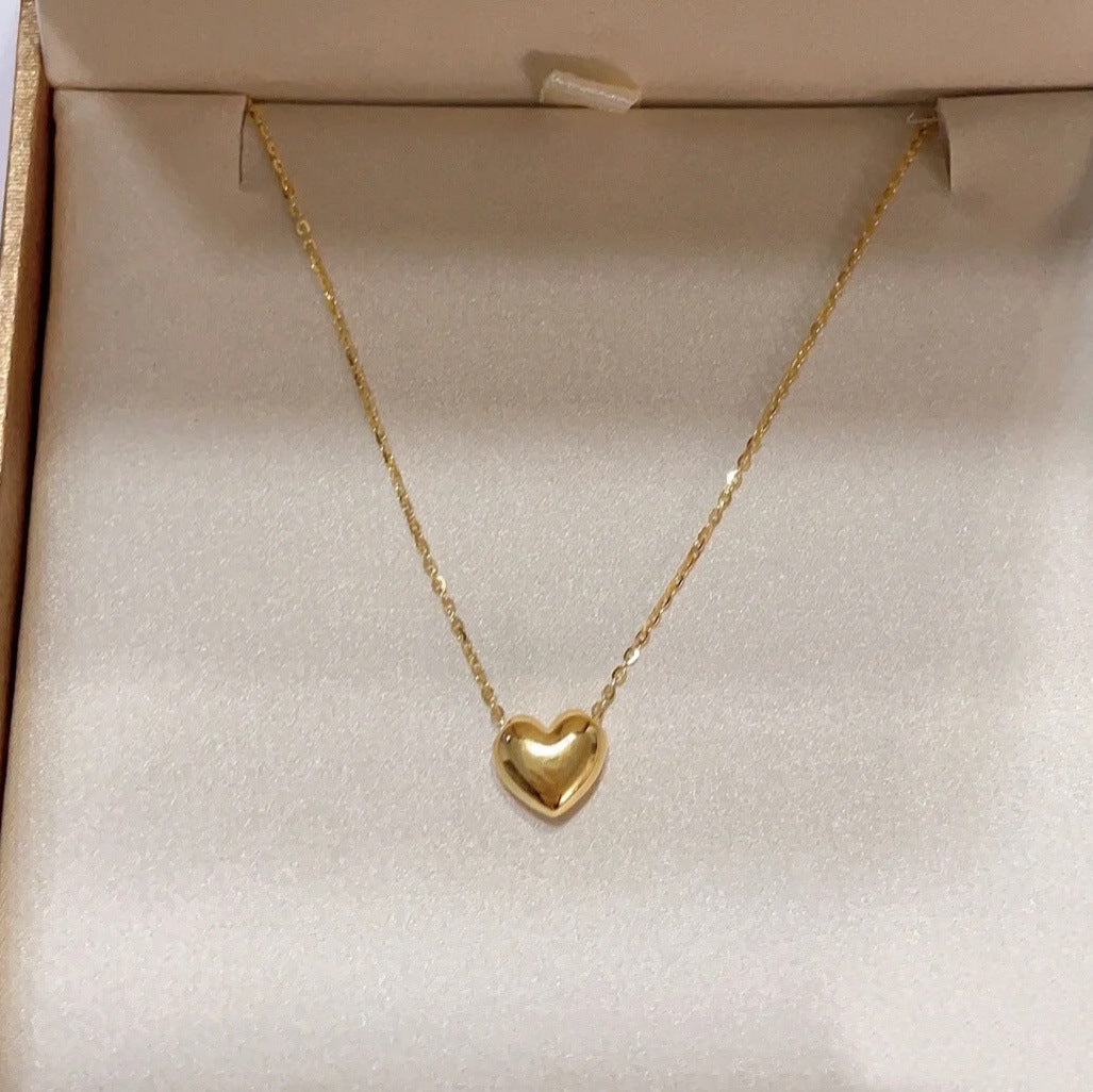 Smooth Solid Heart Necklace, Minimal 3D Heart Collarbone Chain, Classic Gold Basic Jewelry