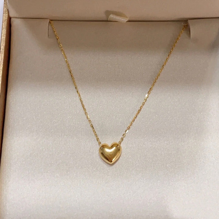 Smooth Solid Heart Necklace, Minimal 3D Heart Collarbone Chain, Classic Gold Basic Jewelry