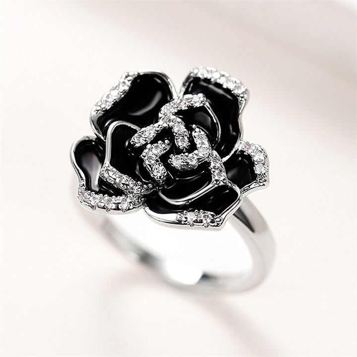 Black Enamel Camellia Pavé Ring (Luxury Vintage Elegant Band)